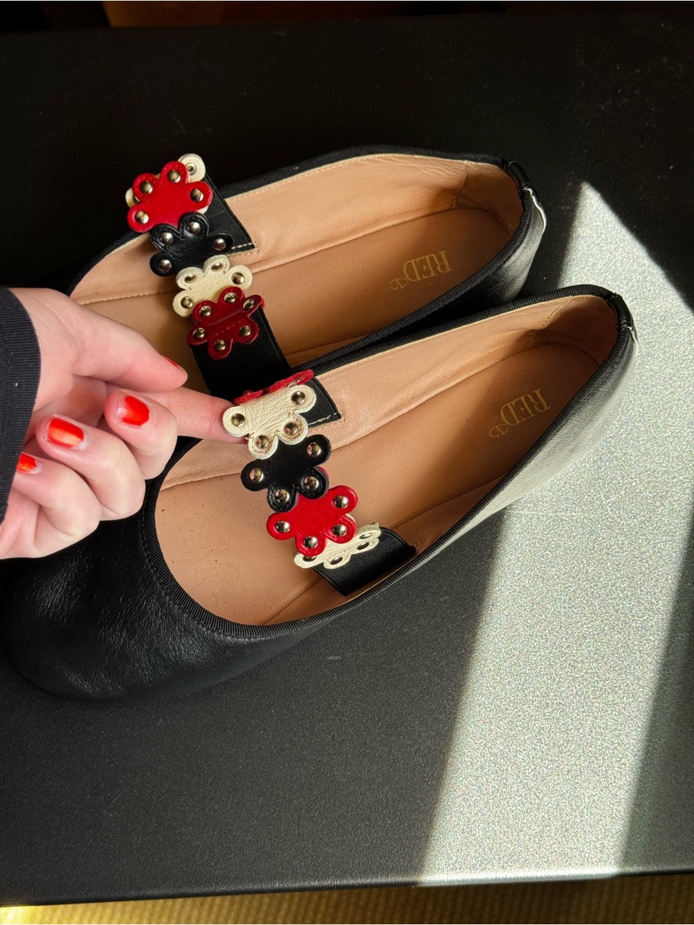 VALENTINO Red Black Leather Ballet Flats Flower Strap